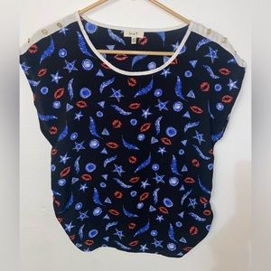 Love J Blouse - Navy With Red Lips, Stars, Feathers Size Medium